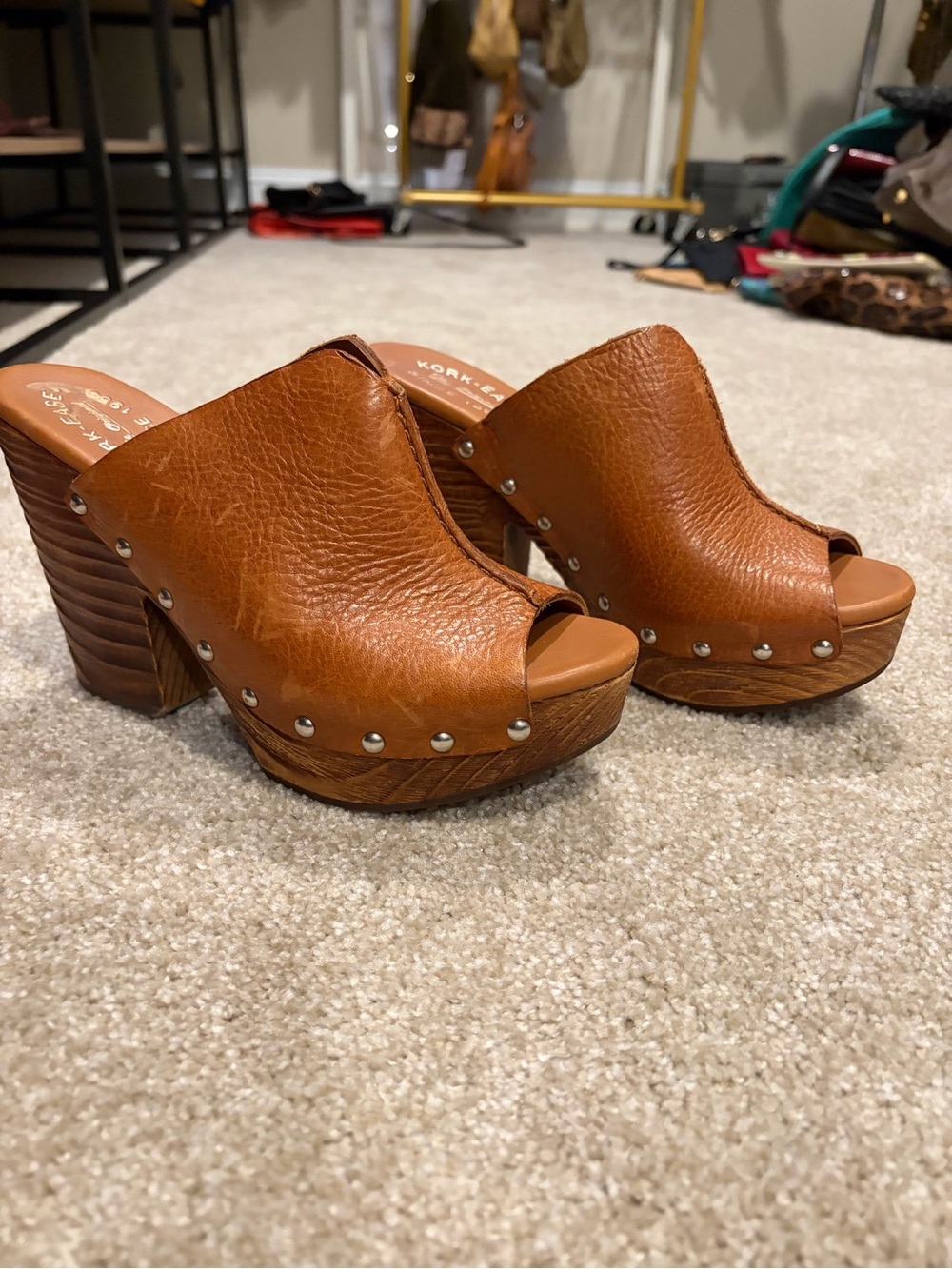 Kork-Ease Women's Tan Leather Studded Wedge Mules